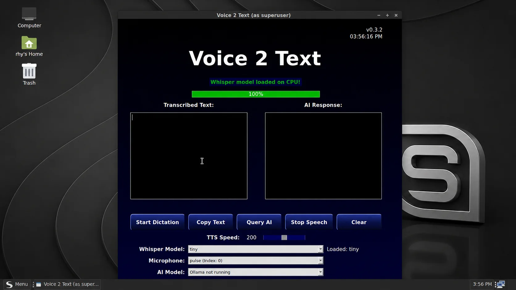 Voice 2 Text local AI application on Spaced Linux