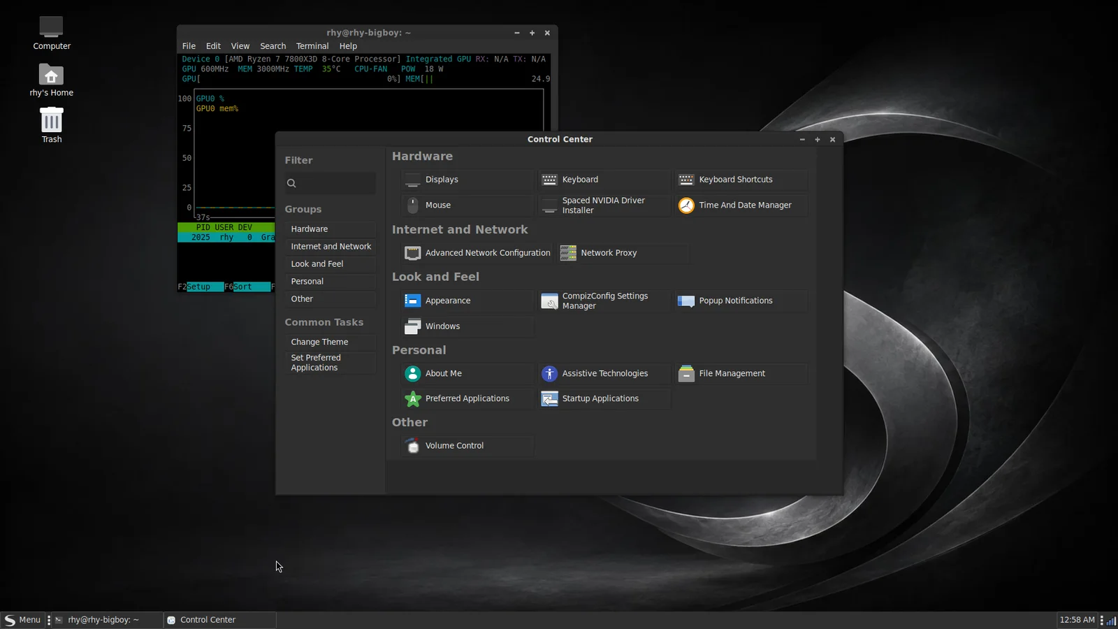 Spaced Linux dark desktop with the Control Center and hardware monitoring