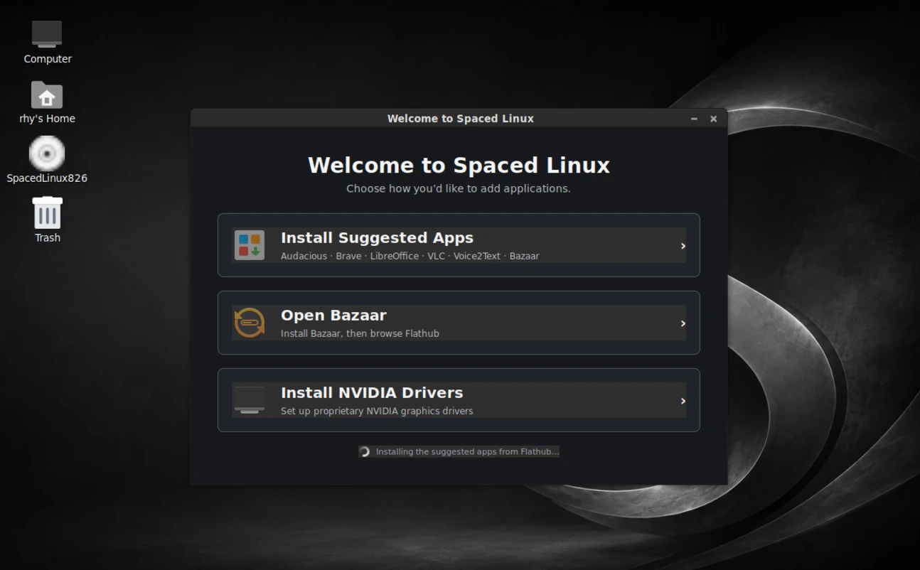 Spaced Linux first-boot intro screen