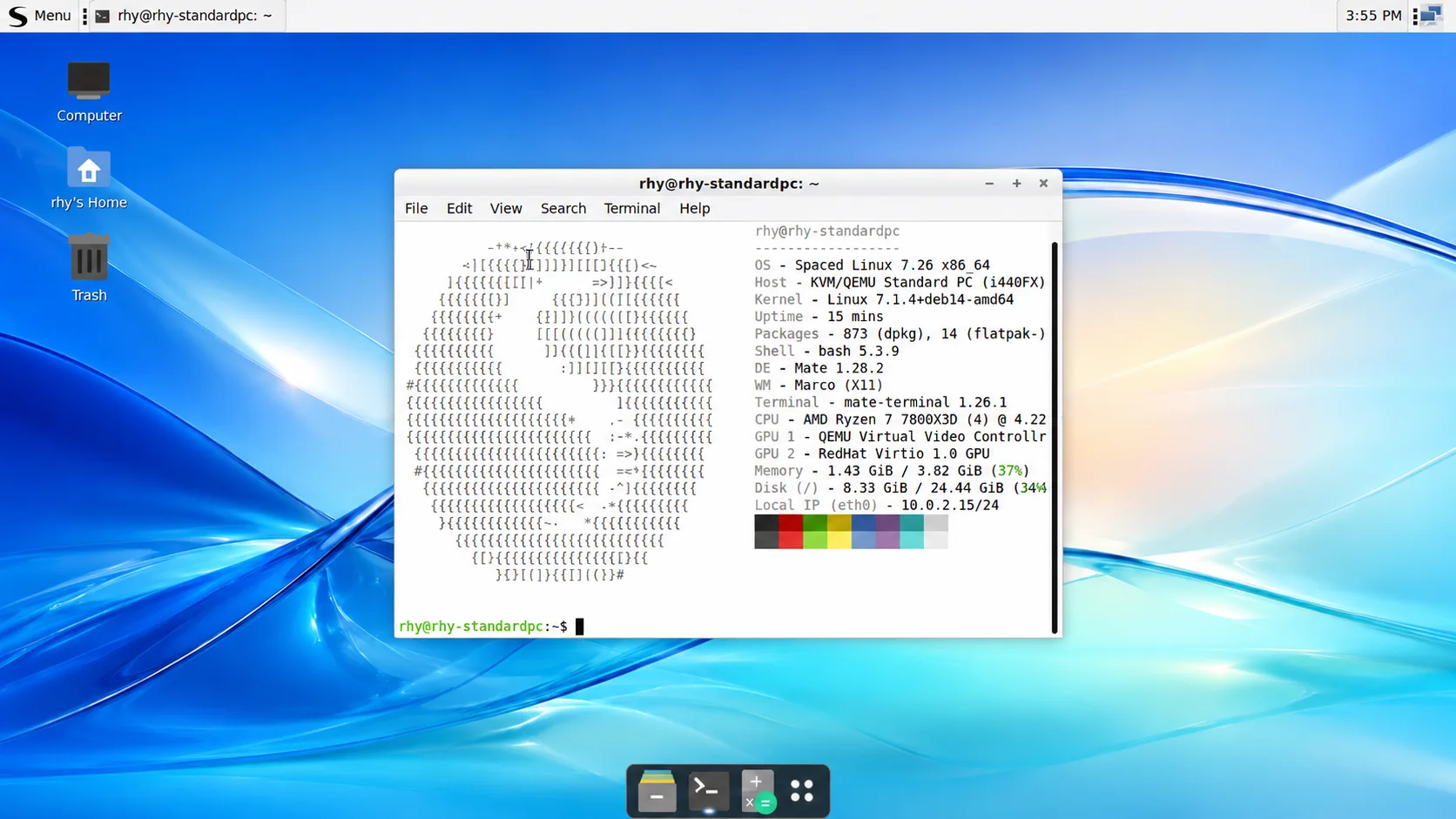 Spaced Linux desktop showing system information in a terminal