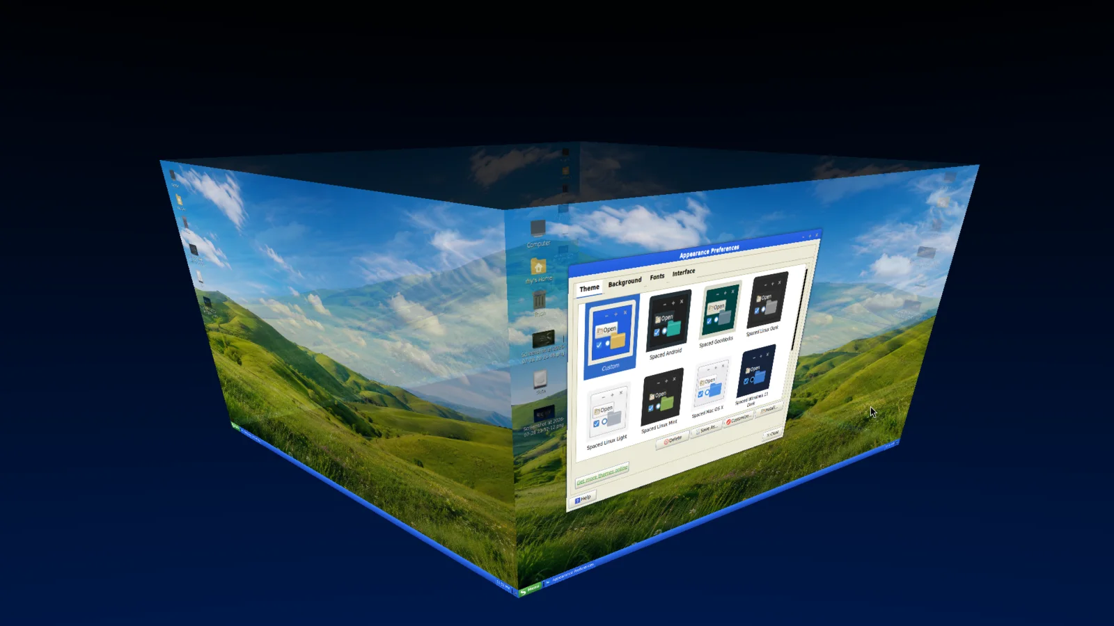 Spaced Linux theme chooser displayed across the Compiz workspace cube