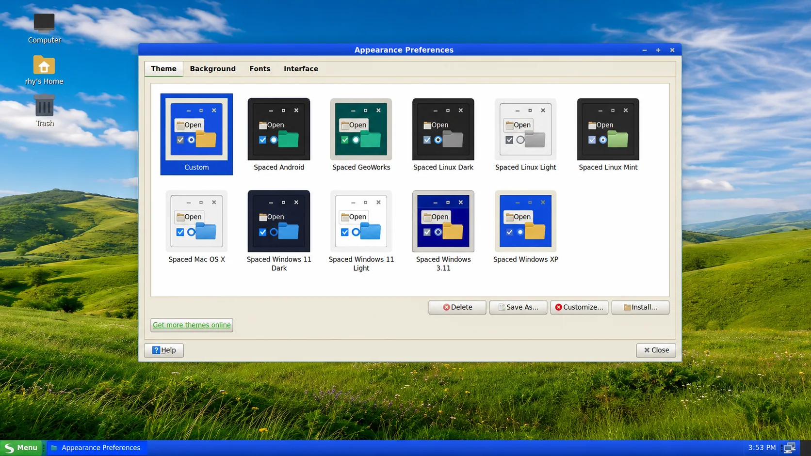 Spaced Linux Appearance Preferences showing ten coordinated themes