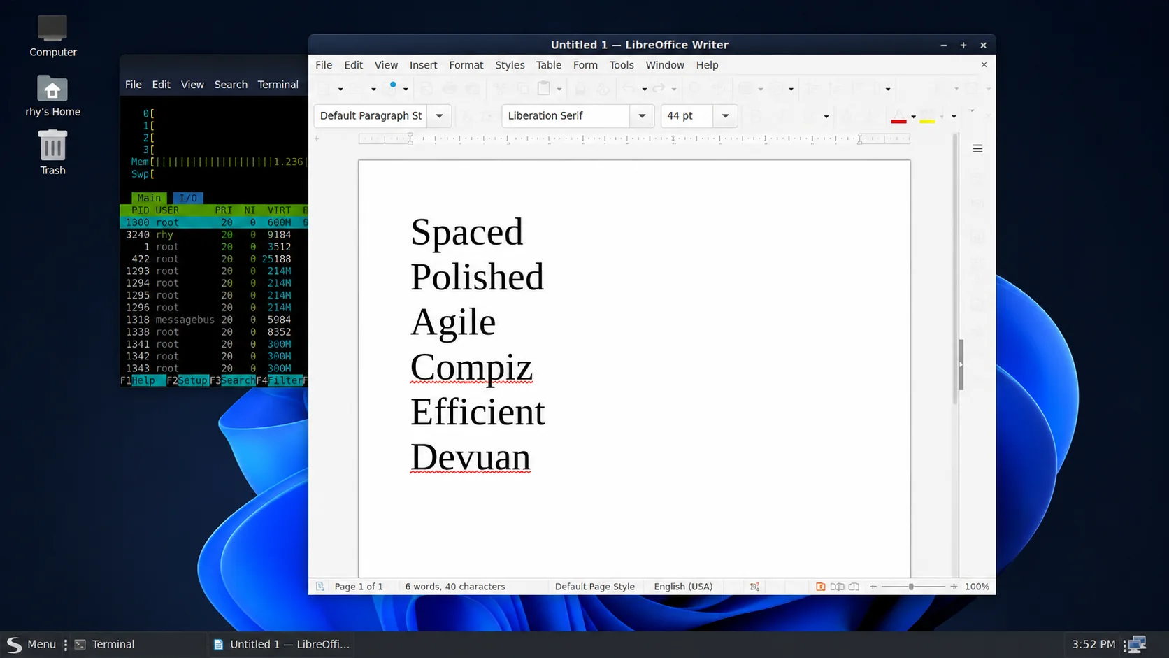 LibreOffice Writer and a terminal on Spaced Linux